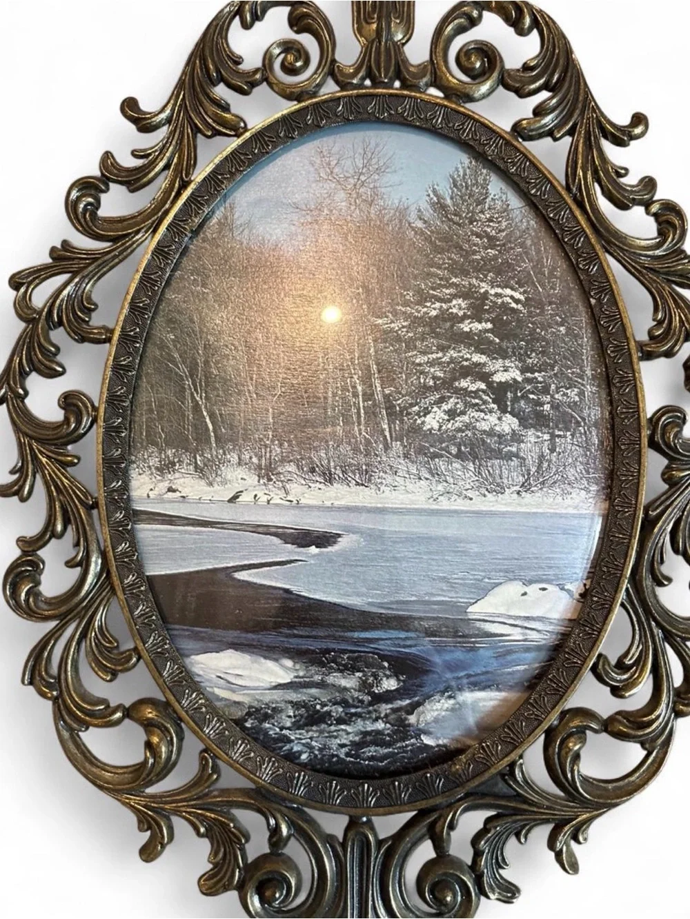 Vintage Italian Ornate Bronze-Tone Oval Wall Frame with Winter Landscape